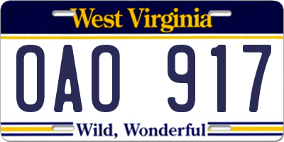 WV license plate OAO917