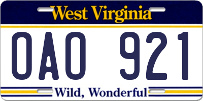 WV license plate OAO921