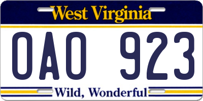 WV license plate OAO923