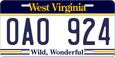 WV license plate OAO924
