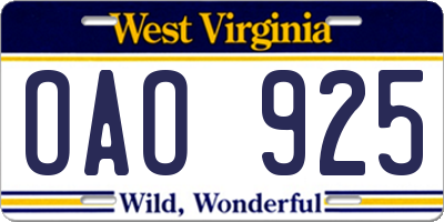 WV license plate OAO925