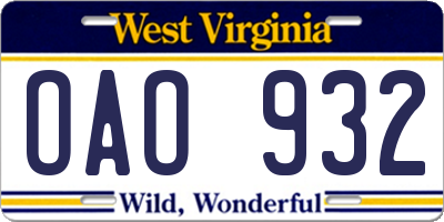 WV license plate OAO932