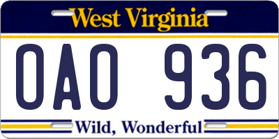 WV license plate OAO936