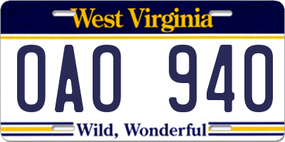 WV license plate OAO940