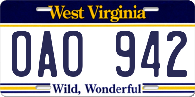 WV license plate OAO942