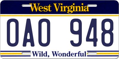 WV license plate OAO948