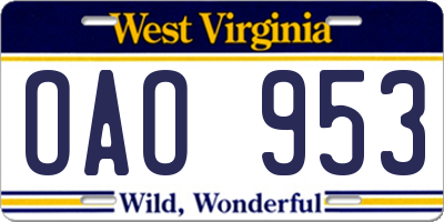 WV license plate OAO953