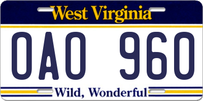 WV license plate OAO960