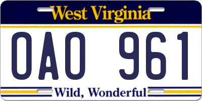 WV license plate OAO961