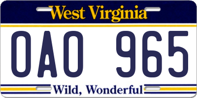 WV license plate OAO965