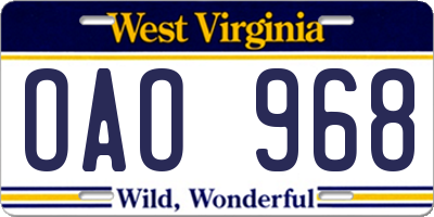 WV license plate OAO968