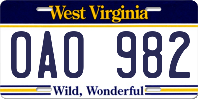 WV license plate OAO982