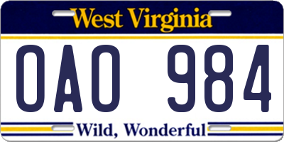 WV license plate OAO984