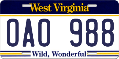 WV license plate OAO988