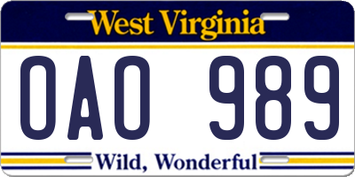 WV license plate OAO989