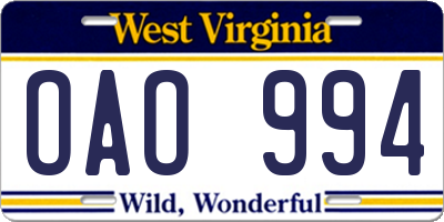 WV license plate OAO994
