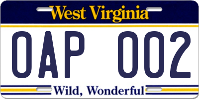 WV license plate OAP002