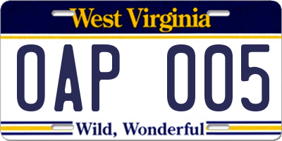 WV license plate OAP005