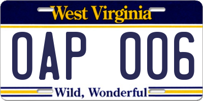 WV license plate OAP006