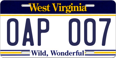 WV license plate OAP007