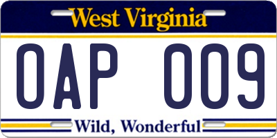 WV license plate OAP009