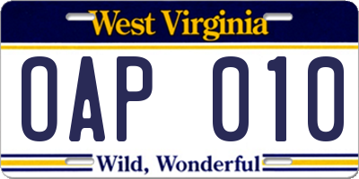 WV license plate OAP010