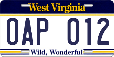 WV license plate OAP012