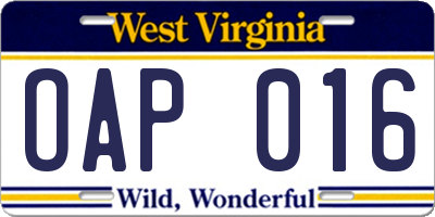 WV license plate OAP016