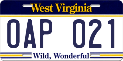 WV license plate OAP021