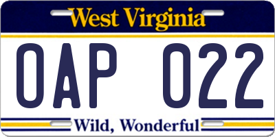 WV license plate OAP022