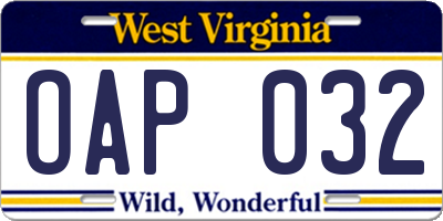 WV license plate OAP032