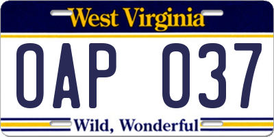 WV license plate OAP037