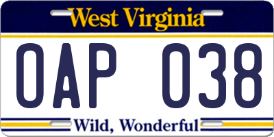 WV license plate OAP038