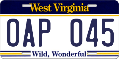 WV license plate OAP045