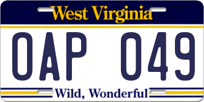 WV license plate OAP049