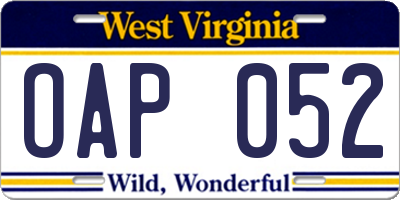 WV license plate OAP052