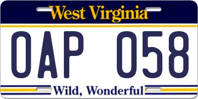 WV license plate OAP058