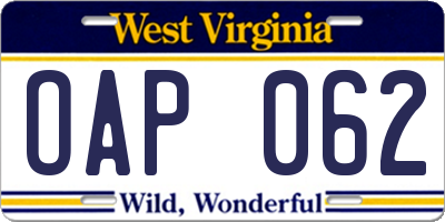 WV license plate OAP062