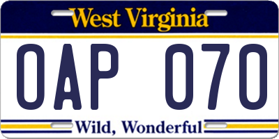 WV license plate OAP070
