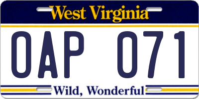 WV license plate OAP071
