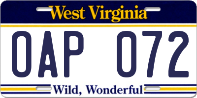 WV license plate OAP072