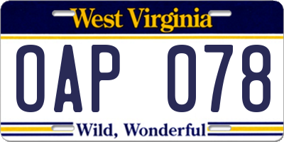 WV license plate OAP078