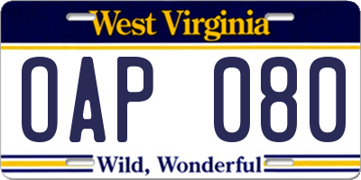 WV license plate OAP080