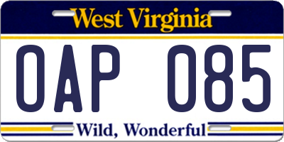 WV license plate OAP085