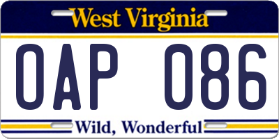 WV license plate OAP086