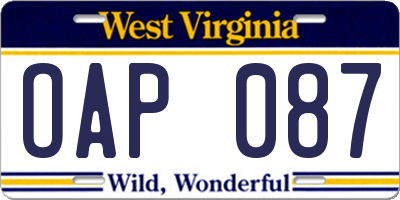 WV license plate OAP087
