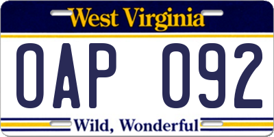 WV license plate OAP092