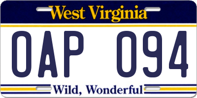 WV license plate OAP094