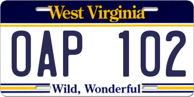 WV license plate OAP102