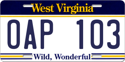 WV license plate OAP103